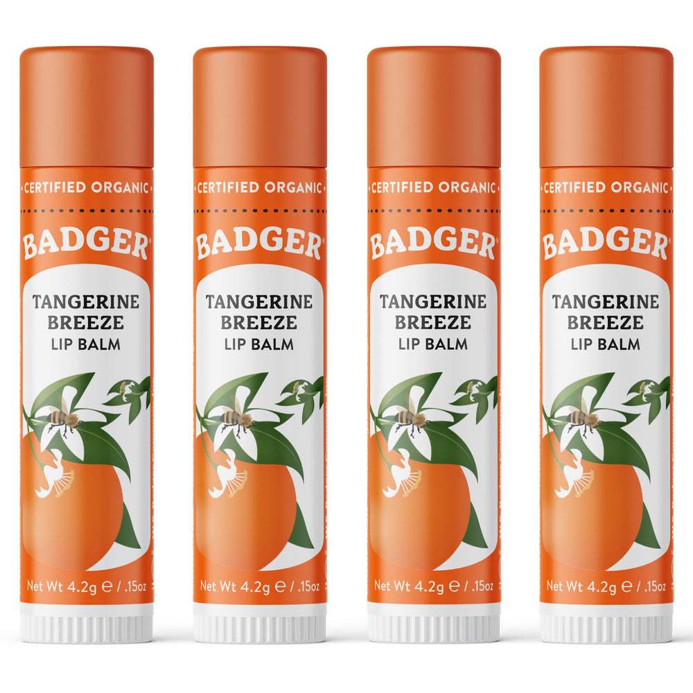 Badger front view of four-pack lip balms showing bright packaging and convenience