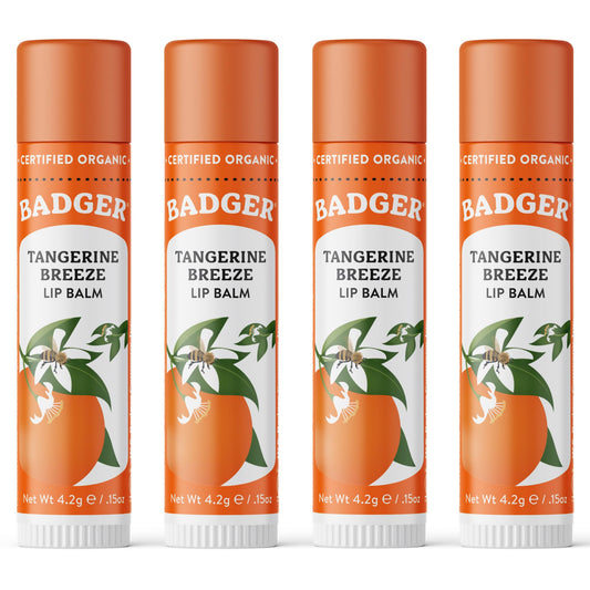 Badger front view of four-pack lip balms showing bright packaging and convenience