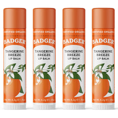 Badger front view of four-pack lip balms showing bright packaging and convenience