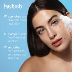 Baebody serum texture on hand illustrating lightweight hydration and smoothness