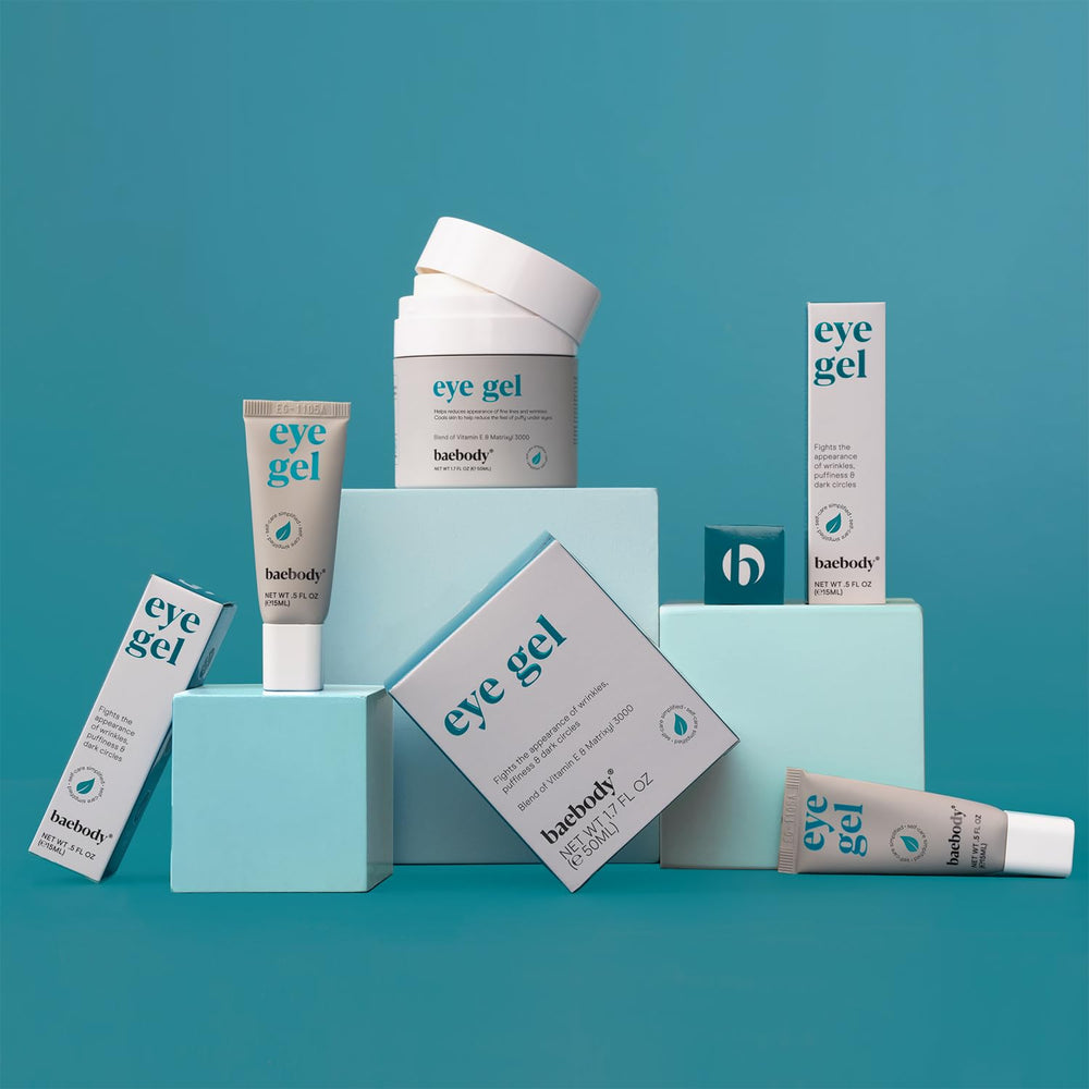 Baebody eye gel being applied under eye to reduce puffiness and hydrate