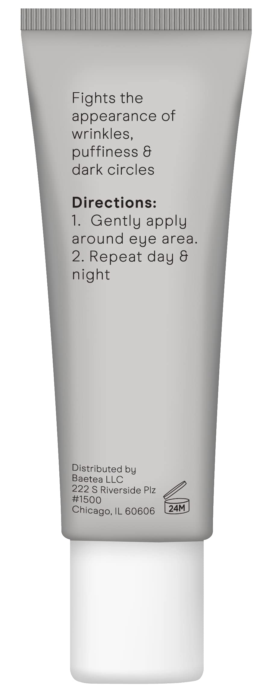 Baebody eye gel next to a hand for size comparison and travel-friendly volume