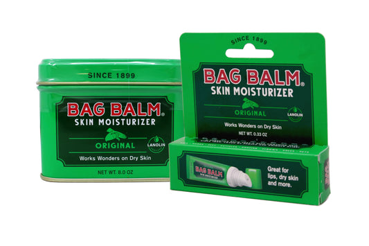 Bag Balm 8 oz tin front showing brand and packaging benefit: lasting moisture