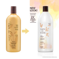 Bain de Terre label detail highlighting natural ingredients and color-care claims