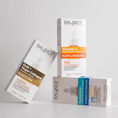 Balance Active Formula label close-up highlighting Vitamin C, glycerin and zinc ingredients for radiance