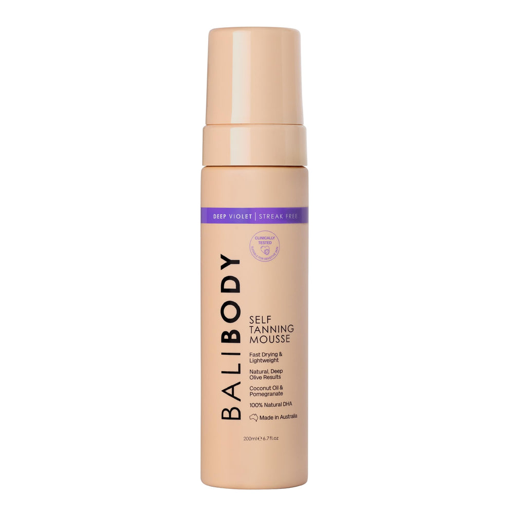 BALI BODY front packaging showing deep violet mousse for rich, natural tan