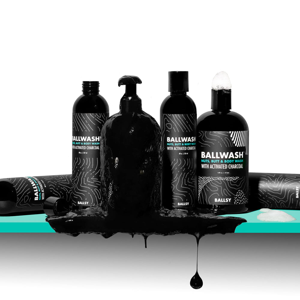 Ballsy bottle in shower being used for groin and body cleansing benefit