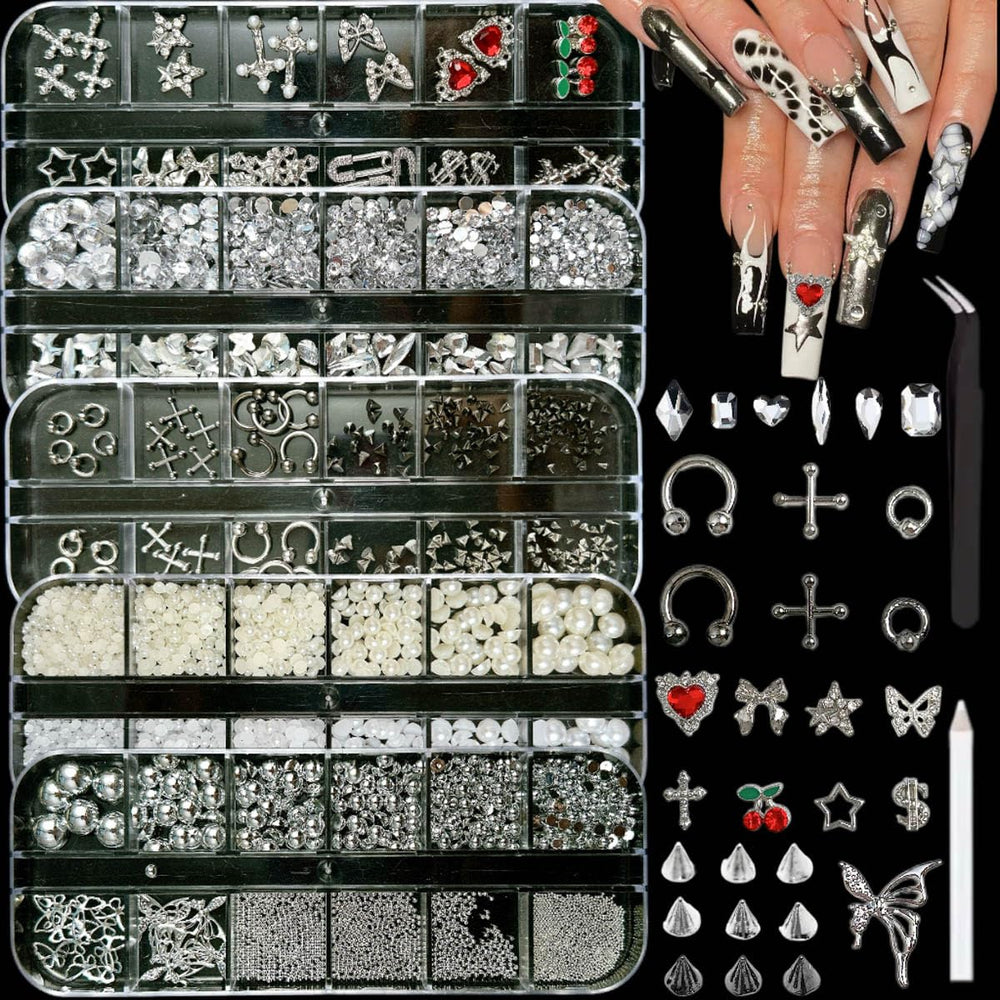 bana art front packaging showing five silver nail charm boxes and tools, conveys full kit
