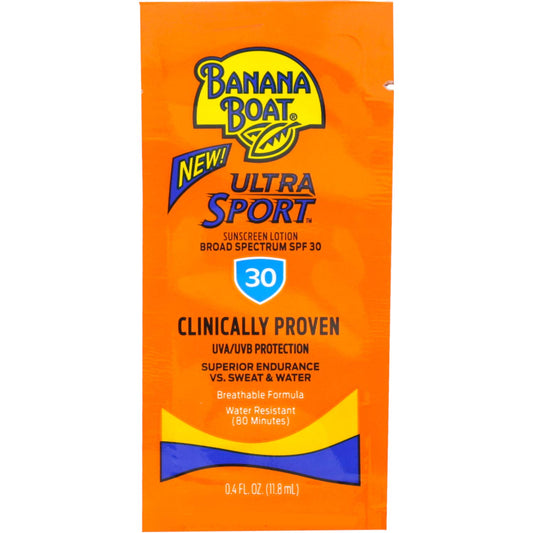 Banana Boat front packet showing SPF 30 and travel-ready size