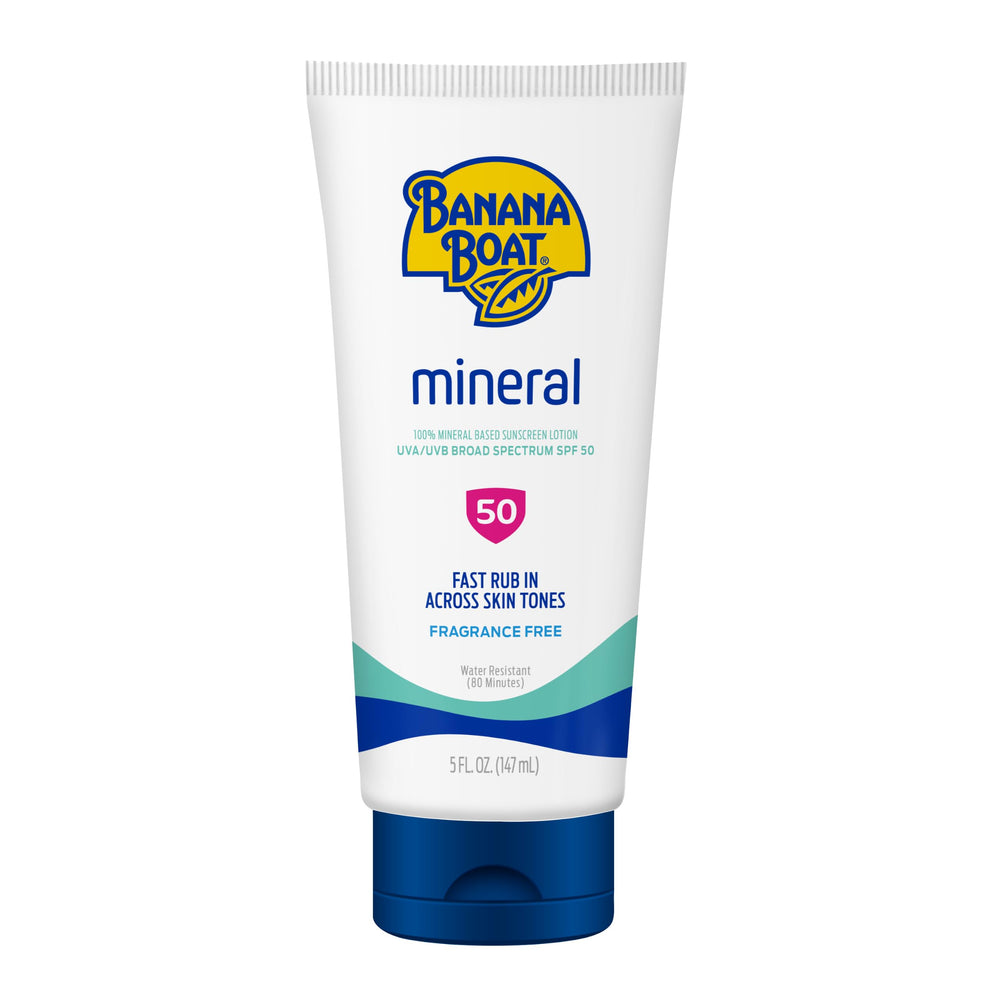 Banana Boat mineral front packaging showing SPF 50 protection and zinc oxide benefits