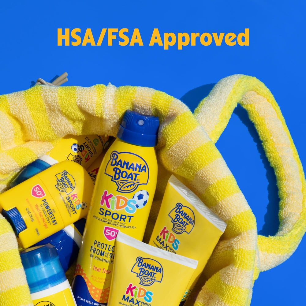 Children at beach using Banana Boat spray sunscreen for active outdoor protection