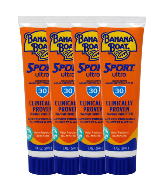 Banana Boat front packaging showing four 1 oz tubes for easy portability
