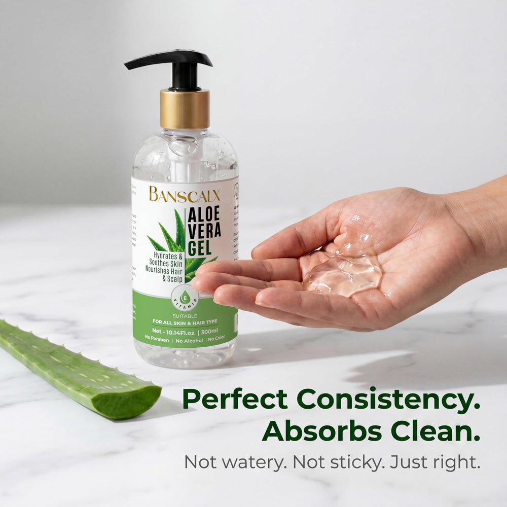 BANSCALX gel texture close-up highlighting clear, non-sticky formula for lightweight hydration