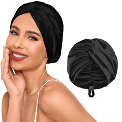 Baqzqudnl front view of black bonnet showing fit and elegant look for protected sleep