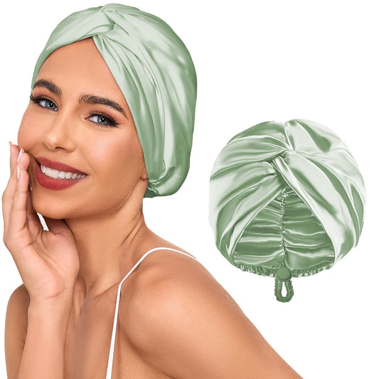 Baqzqudnl bonnet front view showing elegant green satin and protective fit