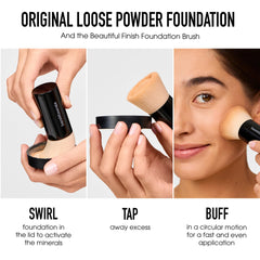 bareMinerals before and after face comparison illustrating coverage and natural luminous finish