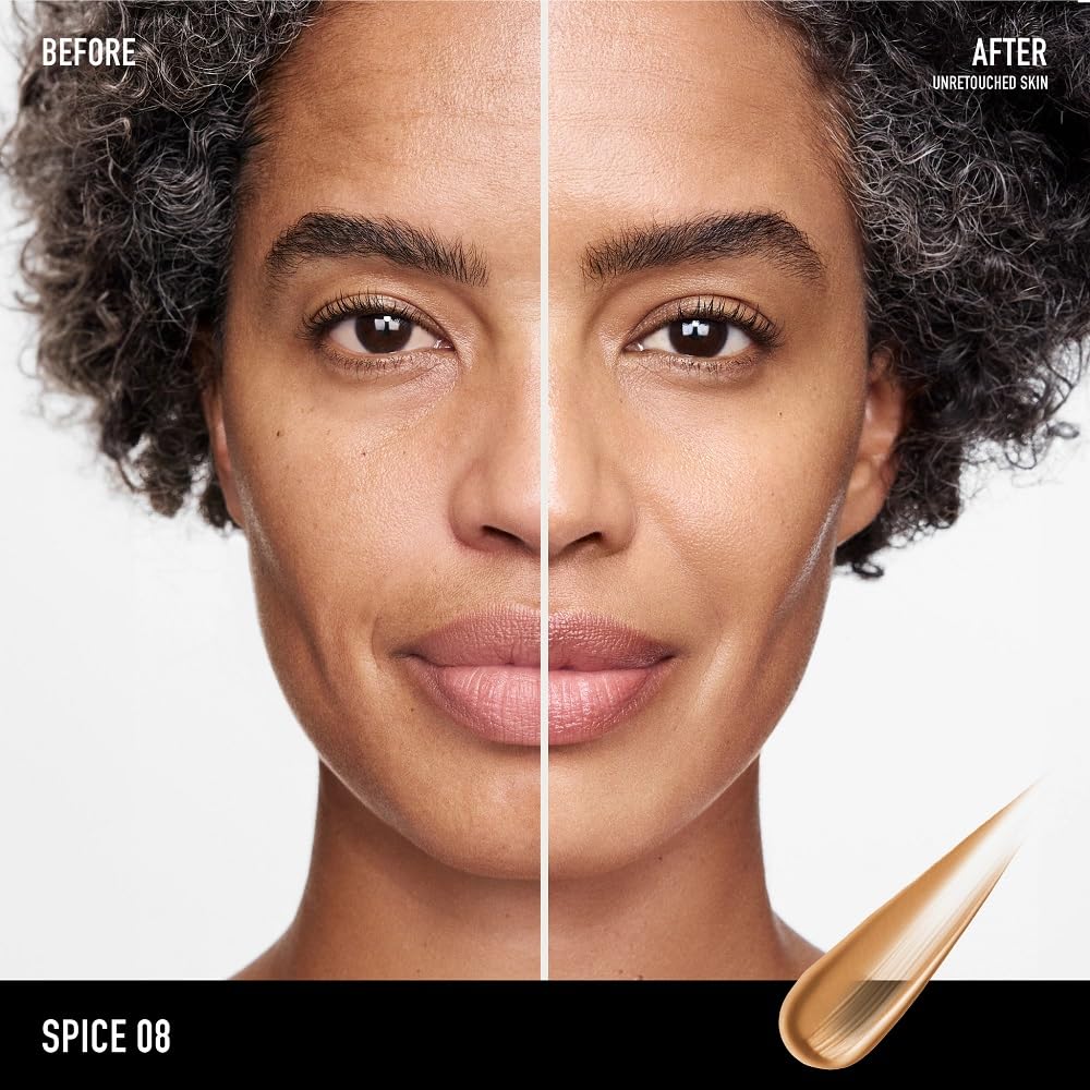 bareMinerals golden-beige texture swiped on white surface highlighting dewy finish