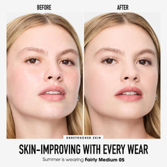 bareMinerals powder swatch on paper showing Fairly Medium hue and boost of natural radiance