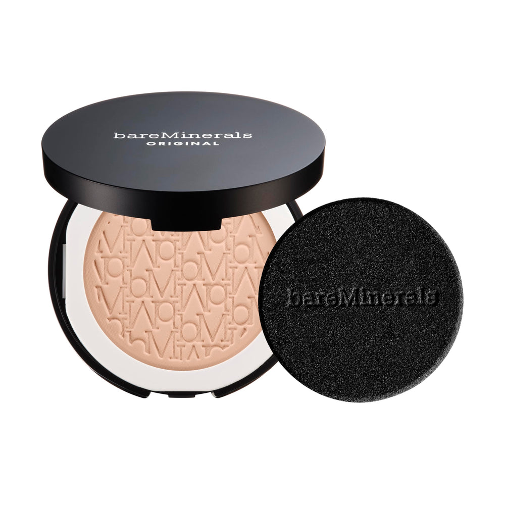 bareMinerals front compact view showing sleek packaging and travel-ready benefit