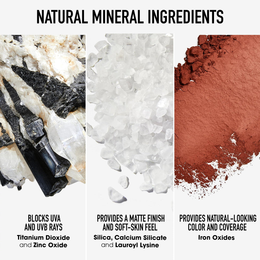 bareMinerals loose powder poured beside brush indicating portion control and easy touch-ups