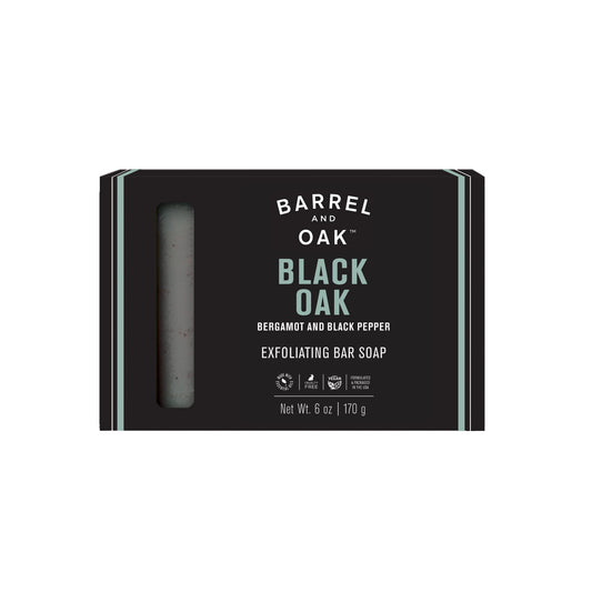 Barrel & Oak front packaging showing rugged black oak bar benefits