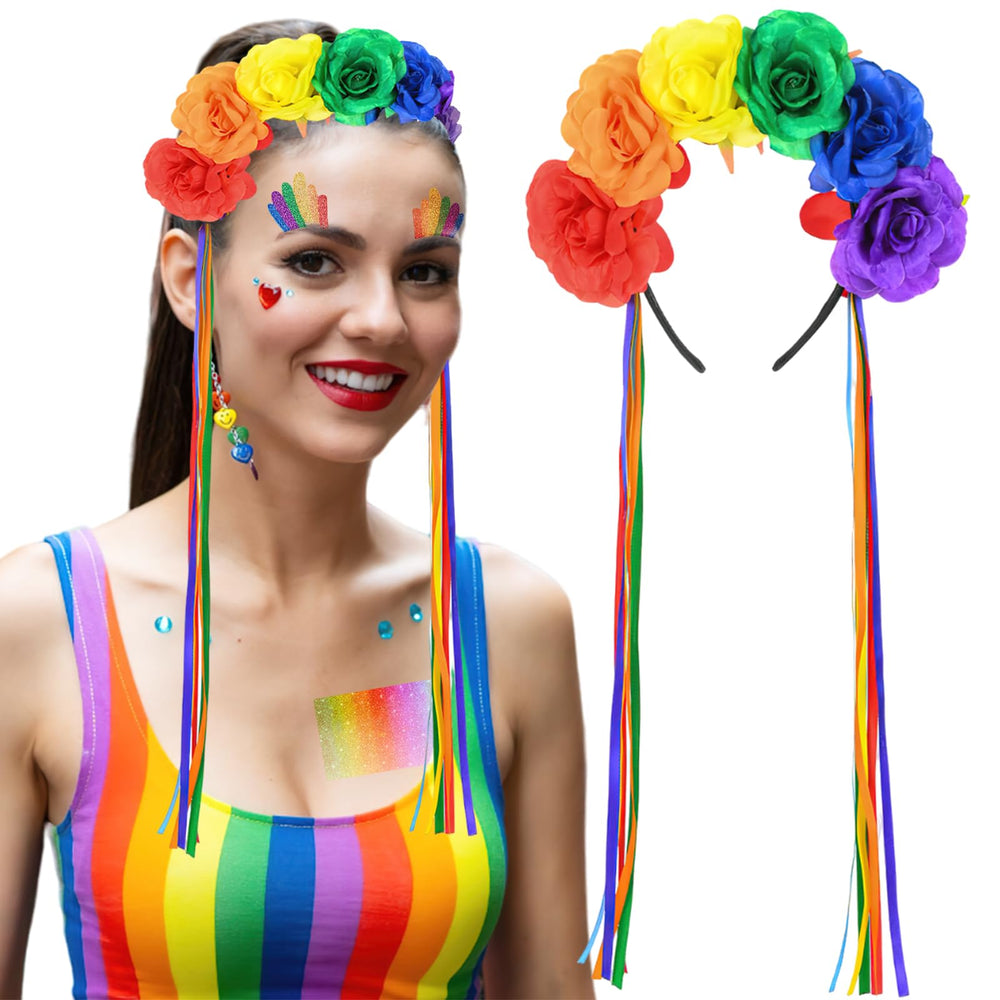 BASEMMAHER front view of rainbow rose headband showing bright colors and shape