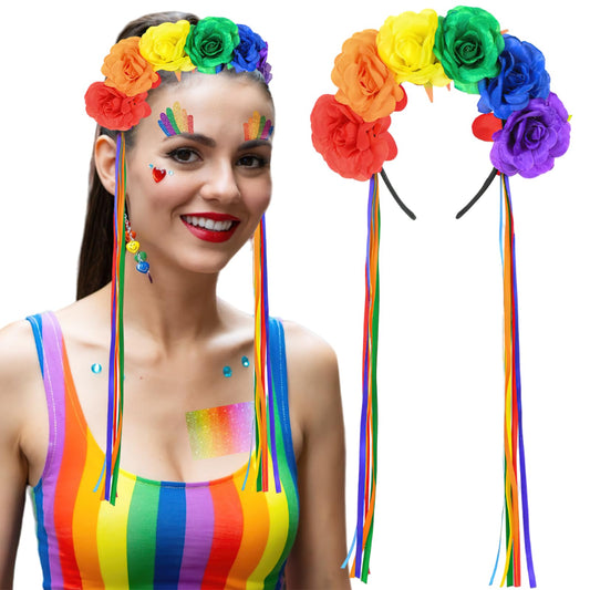 BASEMMAHER front view of rainbow rose headband showing bright colors and shape