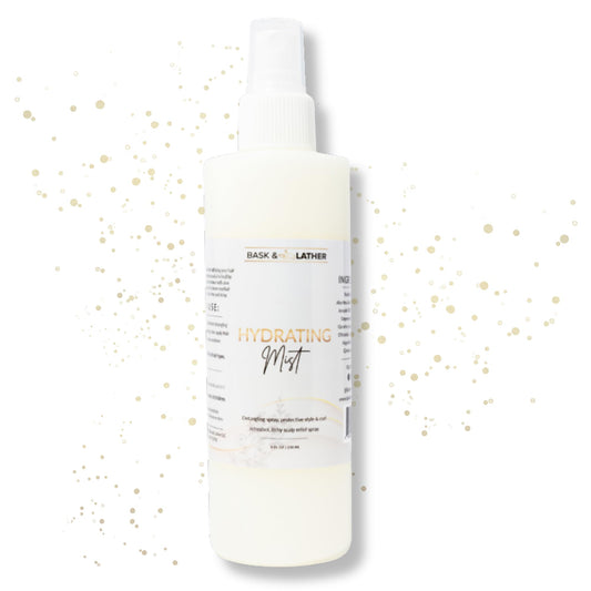BASK & LATHER front bottle view showing hydrating leave-in benefit