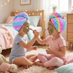 Basumee child wearing hair turban after bath demonstrating hands-free drying
