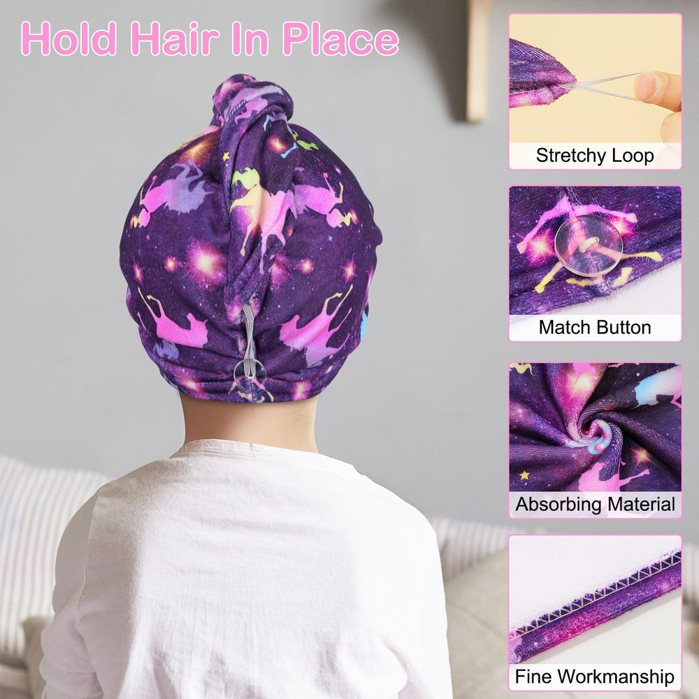 Child wearing Basumee turban in bathroom enjoying comfortable, drip‑free hair drying