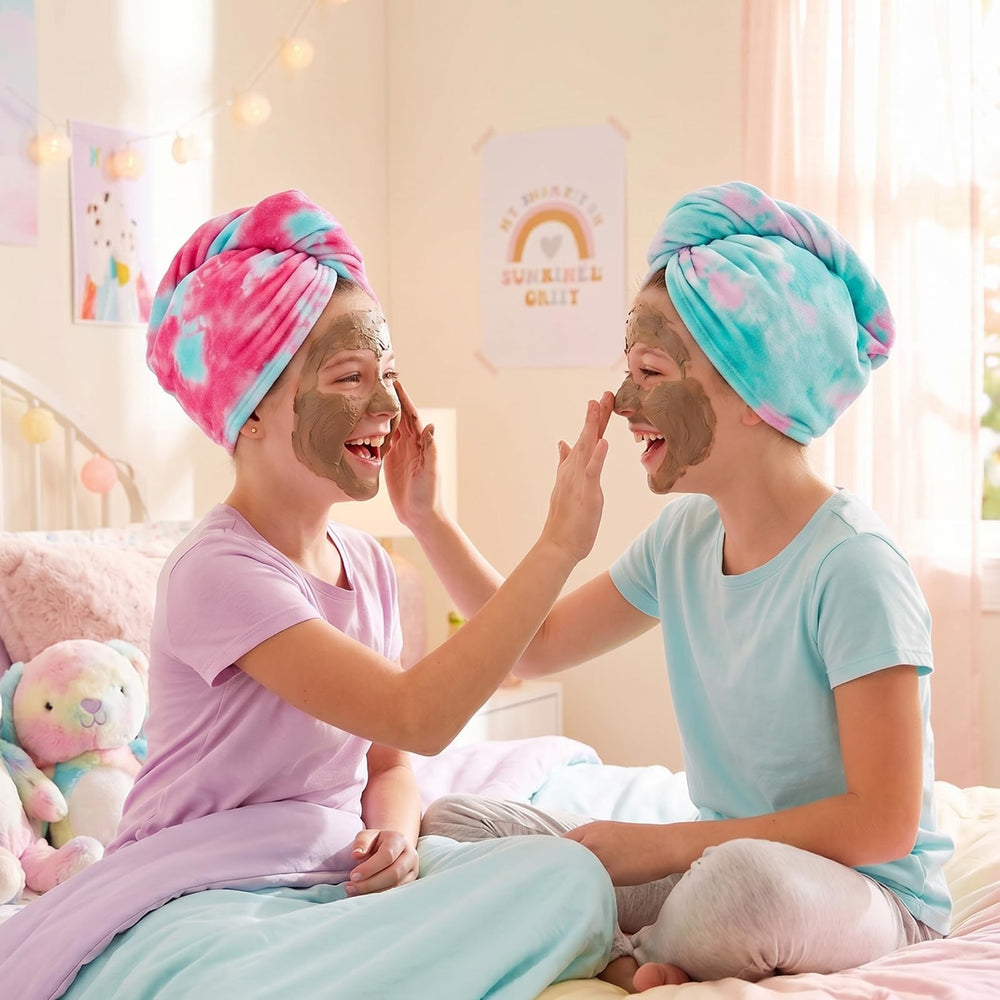 Basumee kid wearing turban in bathroom for hands-free drying convenience