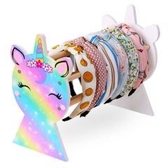 Basumee front view of unicorn headband holder showing neat band organization and fun decor