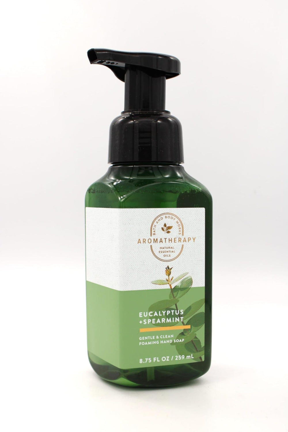Bath & Body Works bottle front label showing eucalyptus and spearmint scent and softening benefits