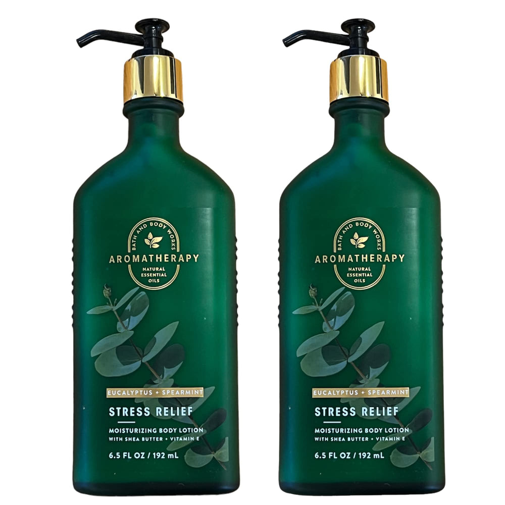 Bath & Body Works front packaging showing two stress relief lotion bottles and gifting benefit