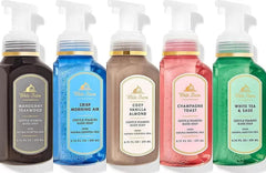 Bath & Body Works front packaging showing five foaming soap bottles, scent variety benefit