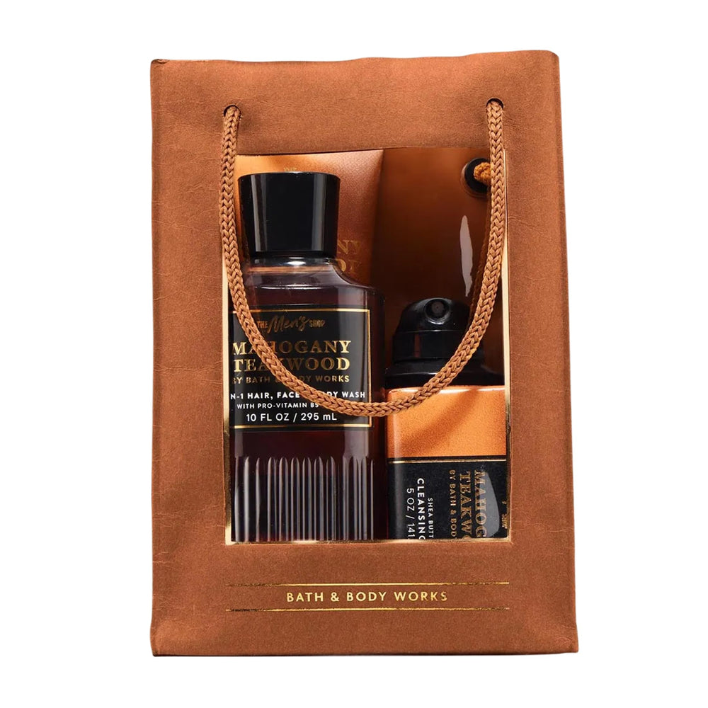 Bath & Body Works front packaging showing all four Mahogany Teakwood items and gift-ready look