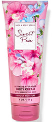 Bath & Body Works Sweet Pea front jar showing cream and soothing hydration benefits