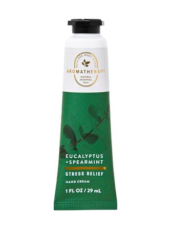 Bath & Body Works front tube showing eucalyptus and spearmint scent and portable benefits
