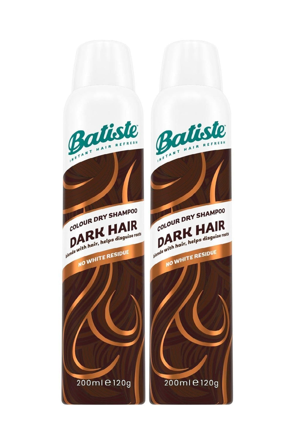 Batiste dark hair front packaging showing two 6.73 oz bottles and tinted formula benefit