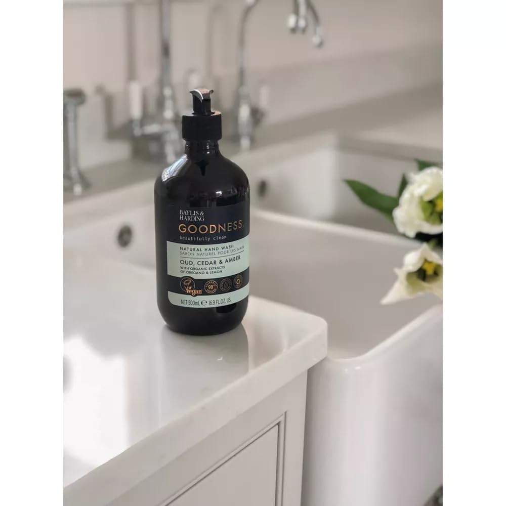 Baylis & Harding bottle held in hand for size comparison and practical scale