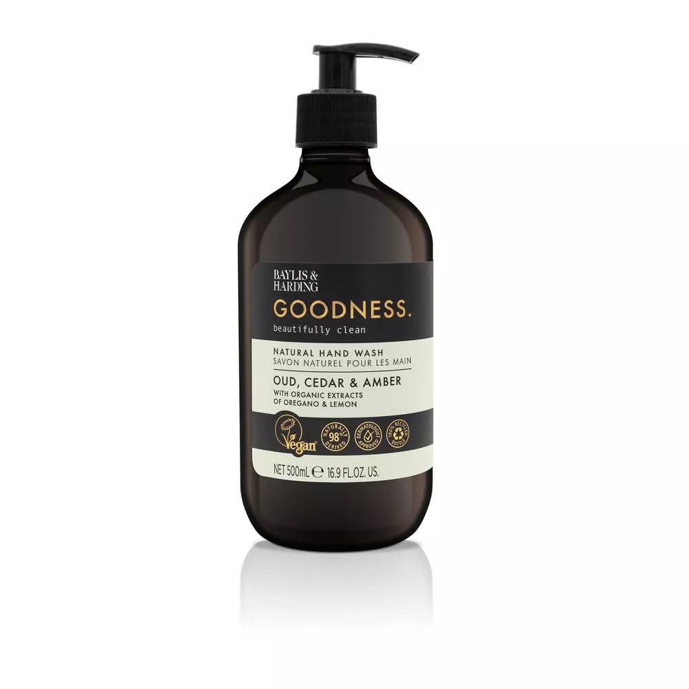 Baylis & Harding front packaging showing 500ml bottle and pump, adds convenience