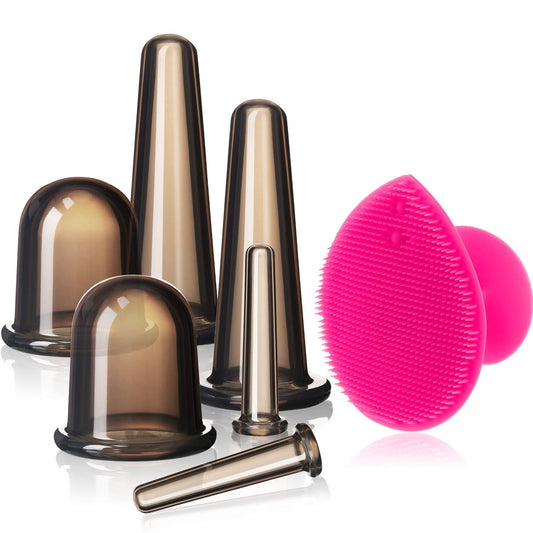 BBTO facial cupping set front view showing six cups and brush for at-home massage benefits
