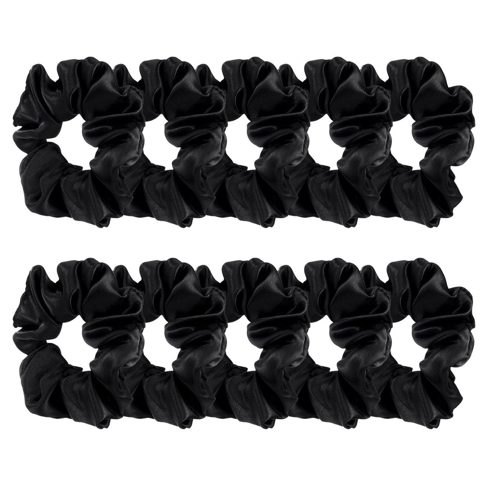 BBTO front display of ten black satin scrunchies, neat set for daily use