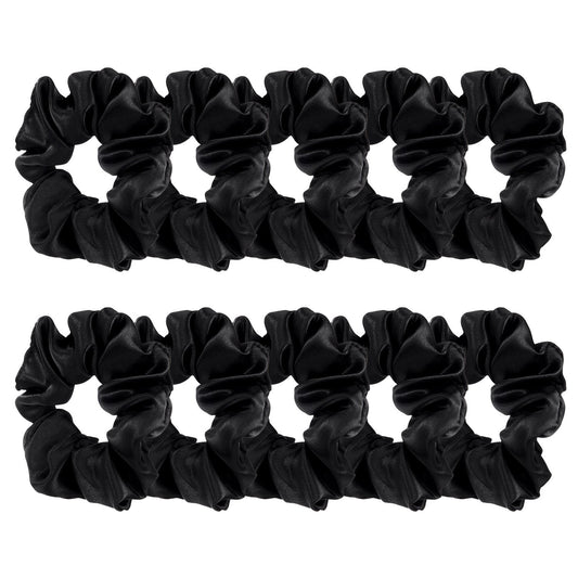 BBTO front display of ten black satin scrunchies, neat set for daily use