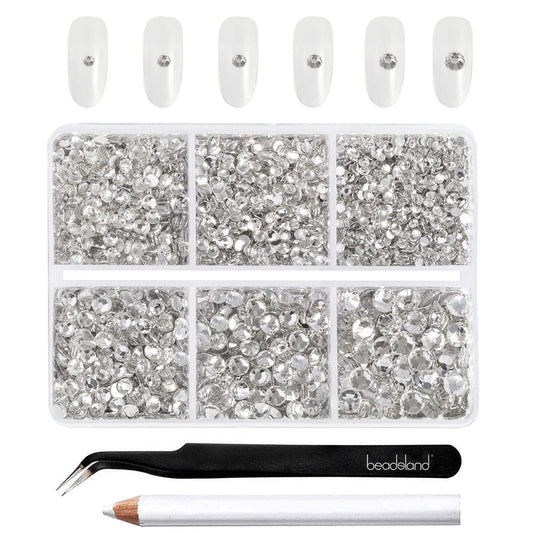 BEADSLAND compartment box showing 4300 clear rhinestones and organized sizes for quick use