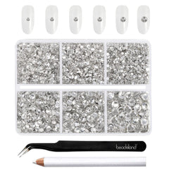 BEADSLAND compartment box showing 4300 clear rhinestones and organized sizes for quick use