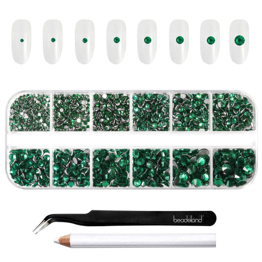 BEADSLAND front packaging showing emerald rhinestones and tools for easy selection