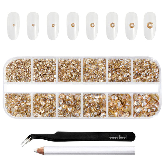BEADSLAND front packaging showing gold flatback rhinestones and included tools for organized storage