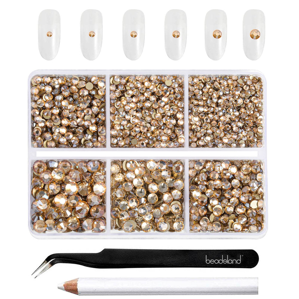 BEADSLAND front packaging showing golden shadow rhinestones and included tools for easy storage