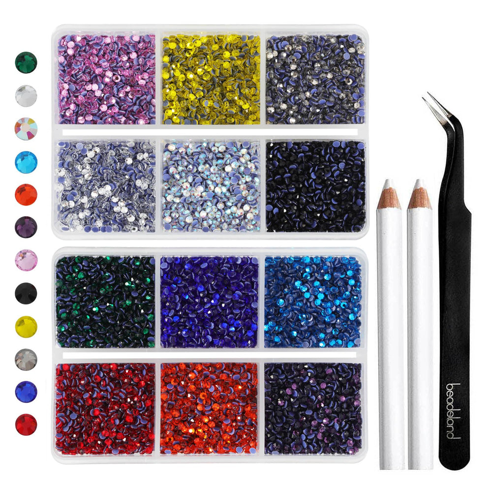 BEADSLAND front packaging showing organized 12-color rhinestone kit and tools for quick crafting